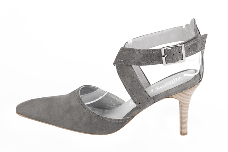 Dove grey women's dress pumps. Tapered toe. High slim heel. Profile view - Florence KOOIJMAN